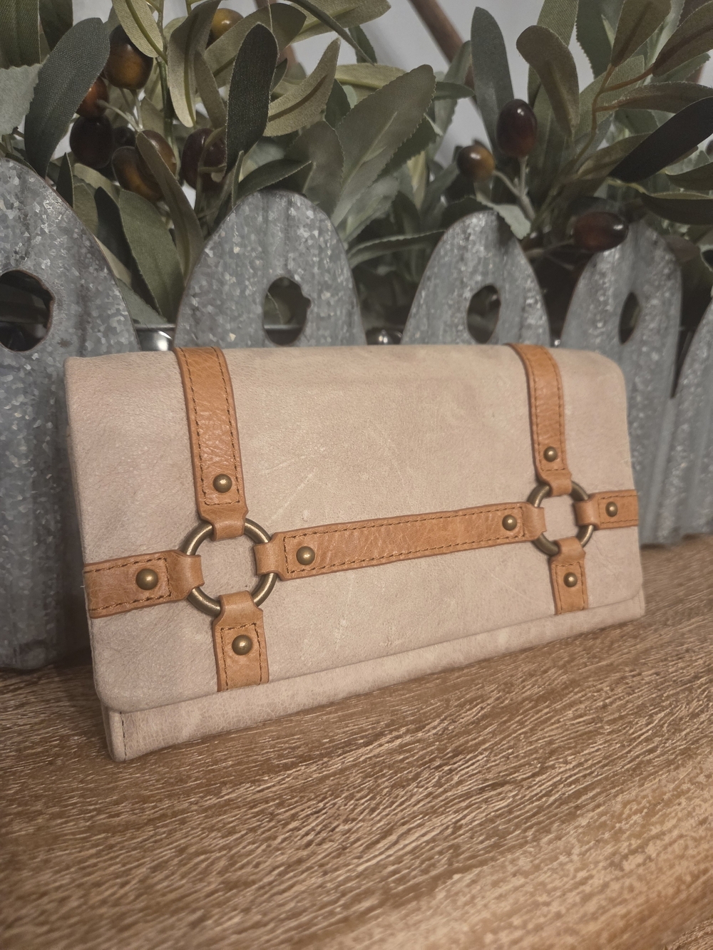 Lucky Brand Beige Suede Wallet with Tan Strap Rings